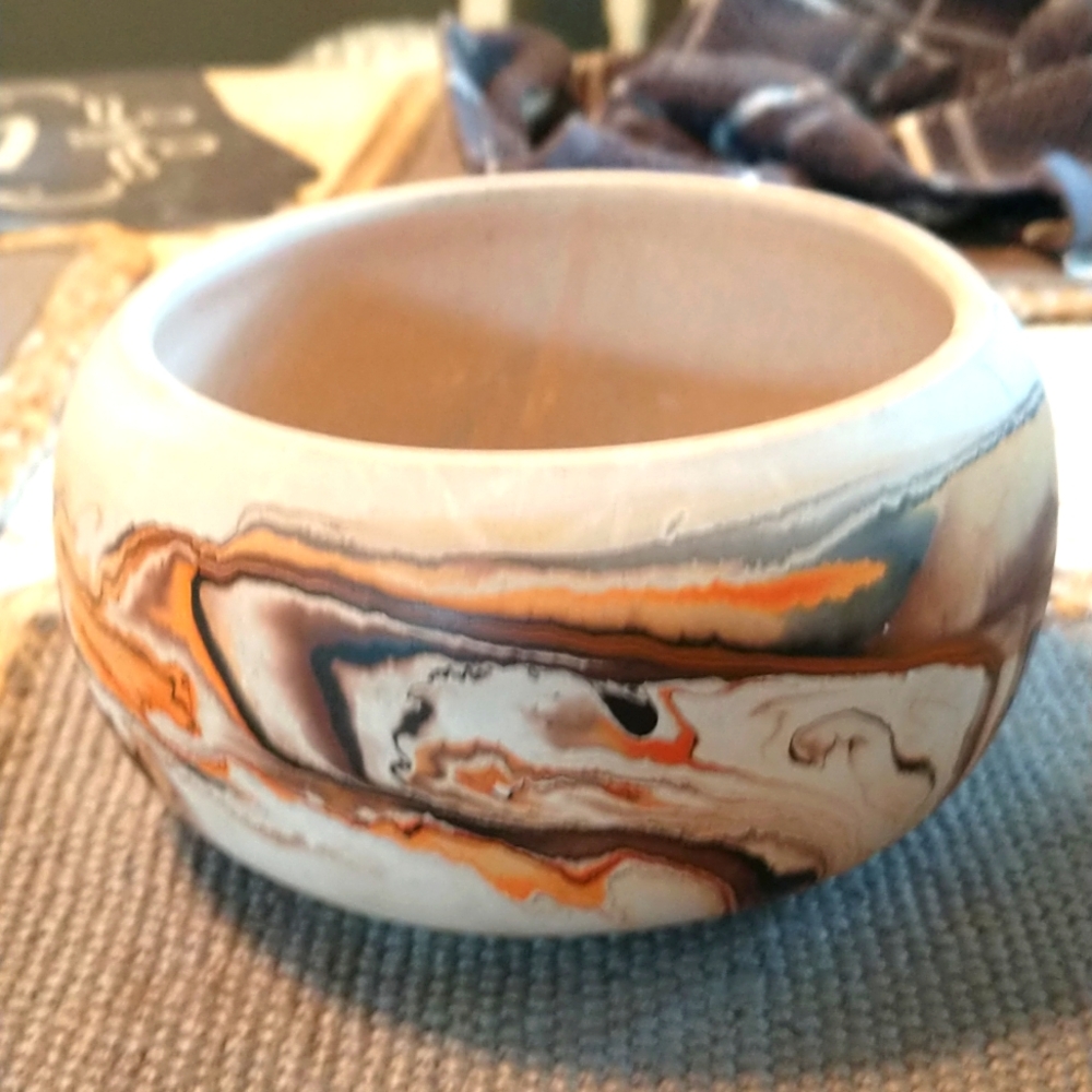 Vintage Nemadji Pottery bisque bowl, swirls of orange brown and black, cream
